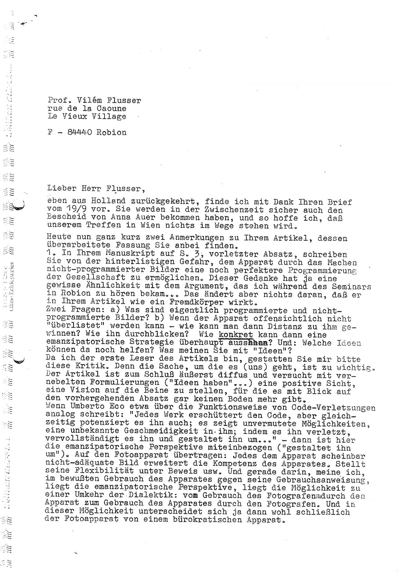 Letter from Andreas Müller Pohle to Vilém Flusser, 26.09.1981