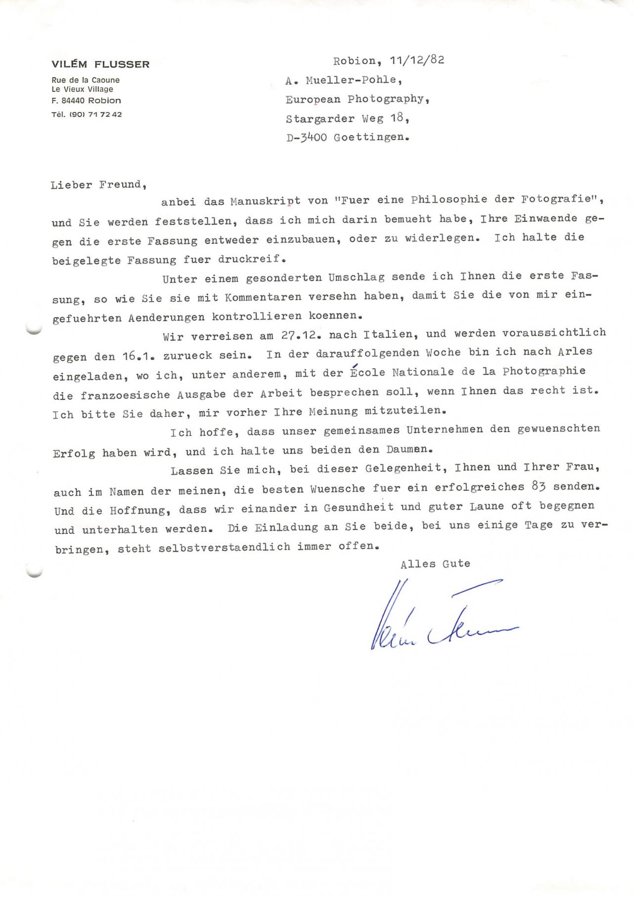 Letter from Vilém Flusser to Andreas Müller-Pohle, 11.12.1982