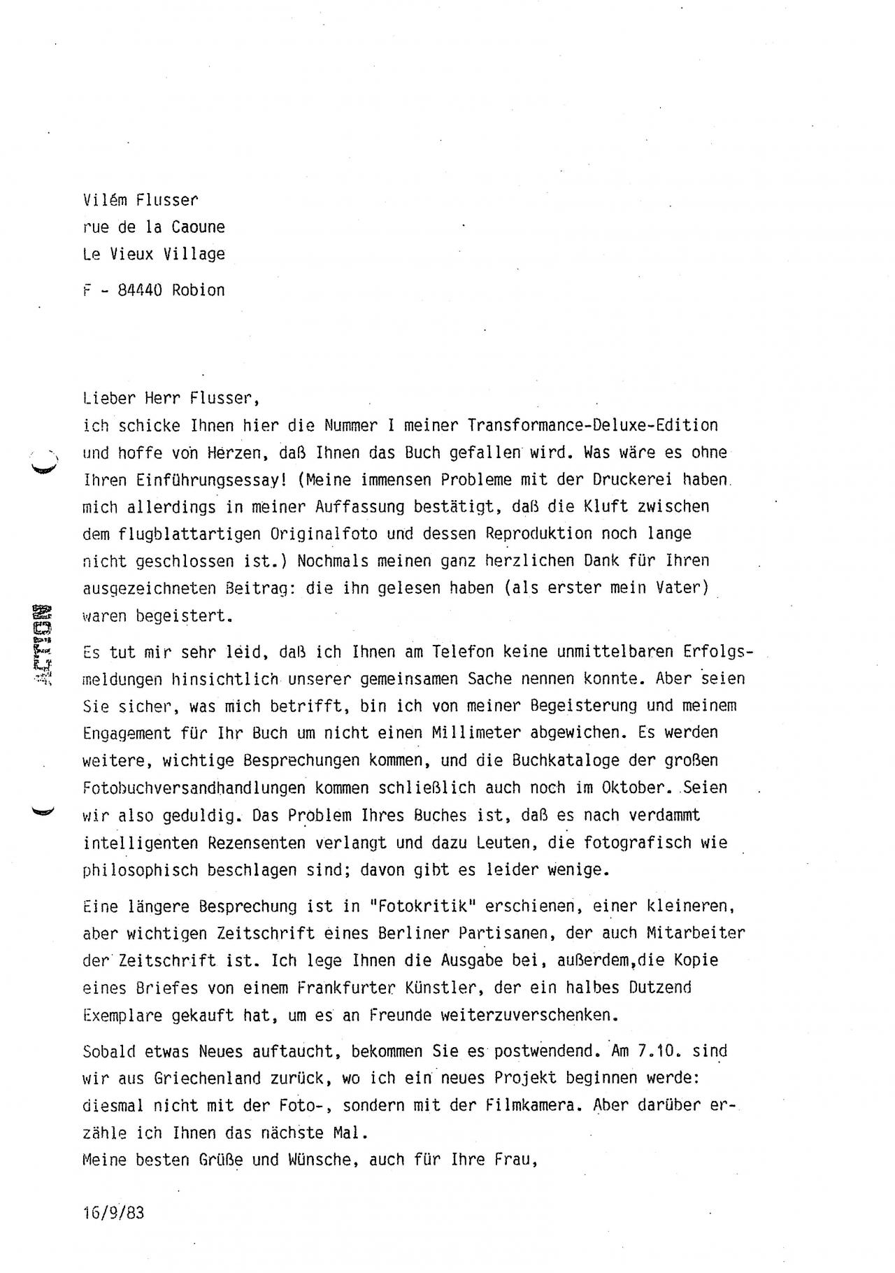 Brief von Andreas Müller Pohle an Vilém Flusser, 16.09.1983