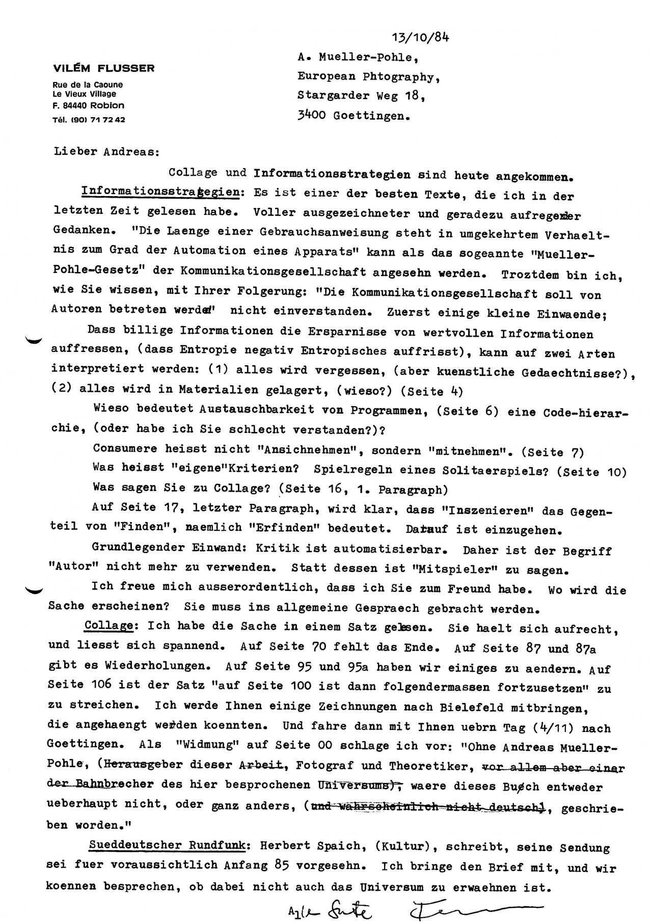 Letter from Vilém Flusser to Andreas Müller-Pohle, 13.10.1984