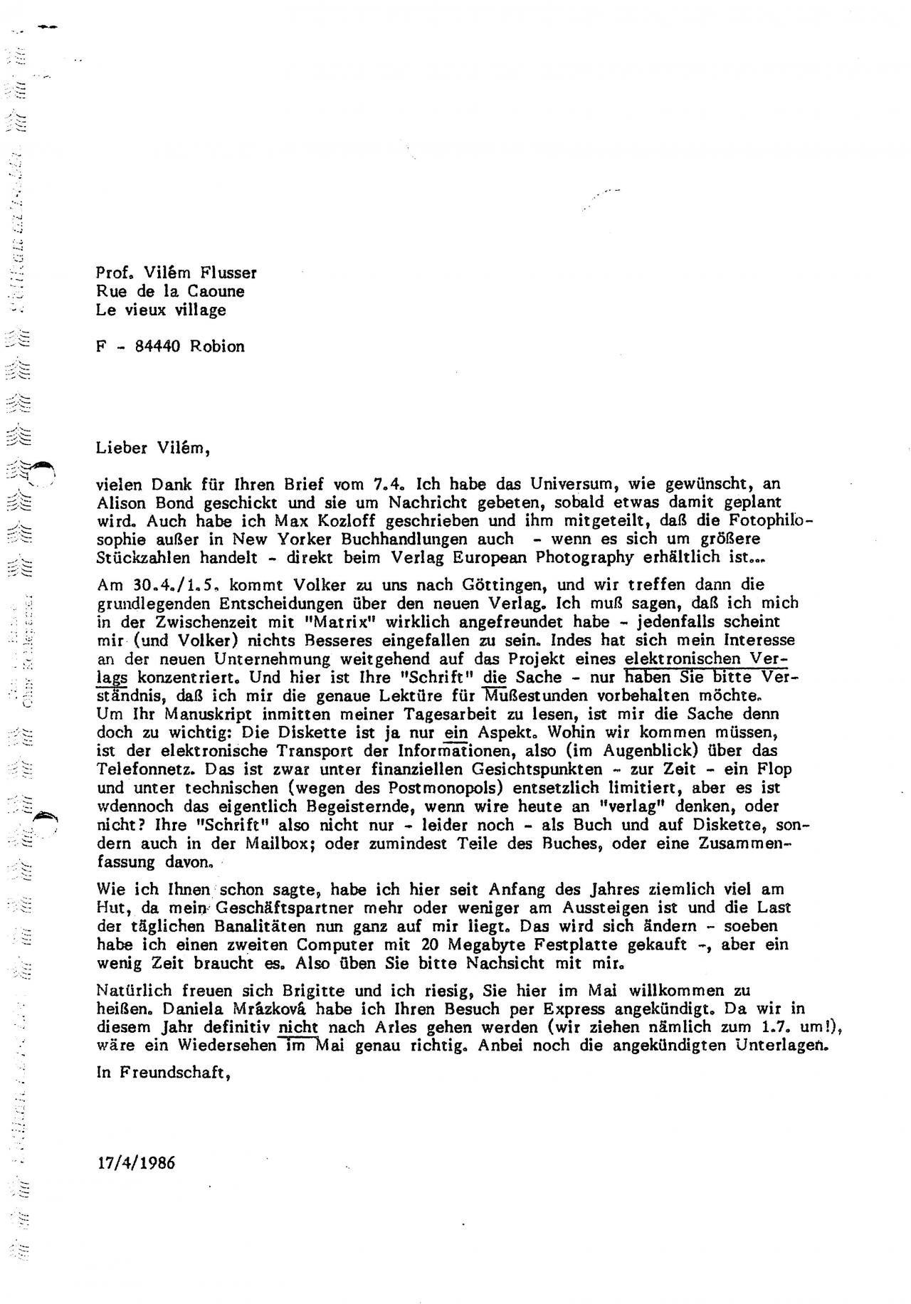 Brief von Andreas Müller Pohle an Vilém Flusser, 17.06.1986