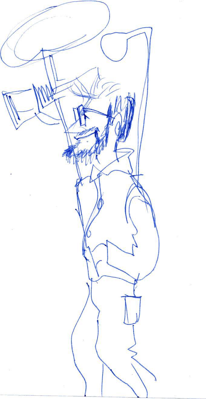 Blaue Zeichnung eines Mannes mit Kamera auf weissem Papier. 