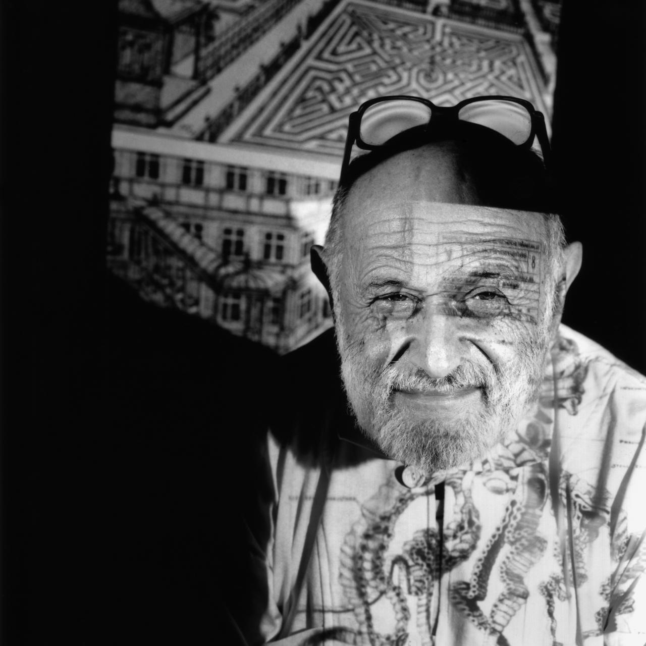 black-and-white photograph illustrates portrait of Vilém Flusser