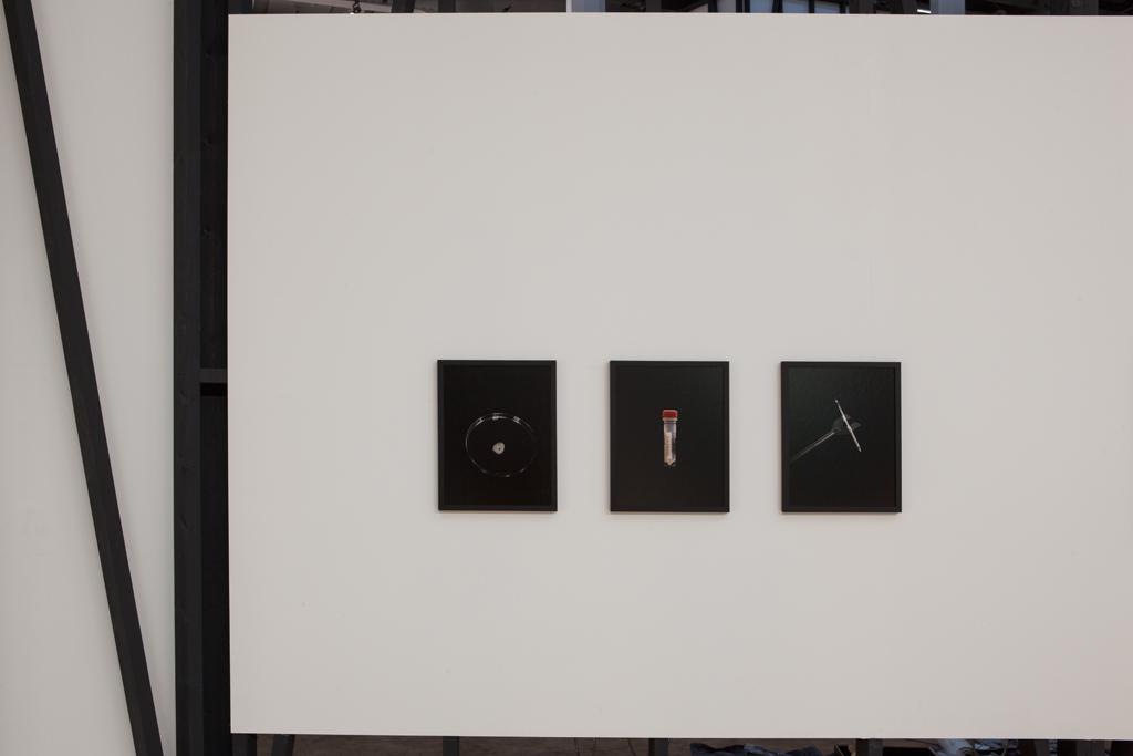 Drei fotografische Kleinformate an einer weißen Wand.