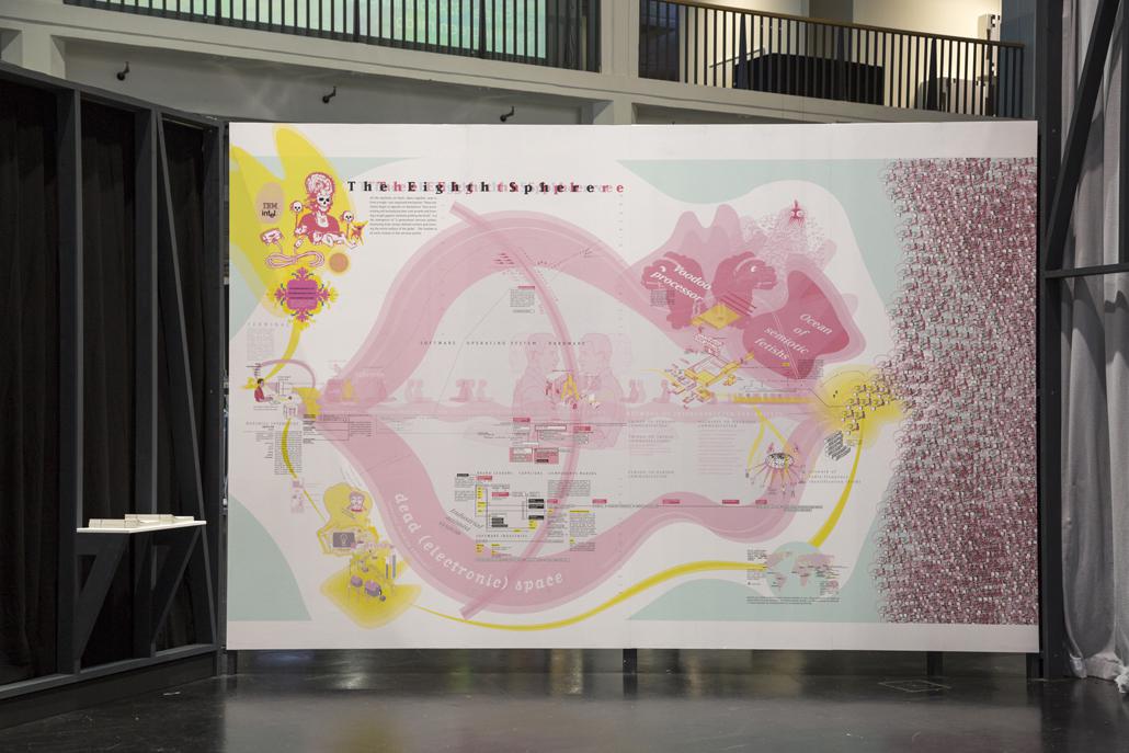 Eine Karte mit gelben und rosafarbenen Elementen wie ein Totenkopf, Berge und  Drachen