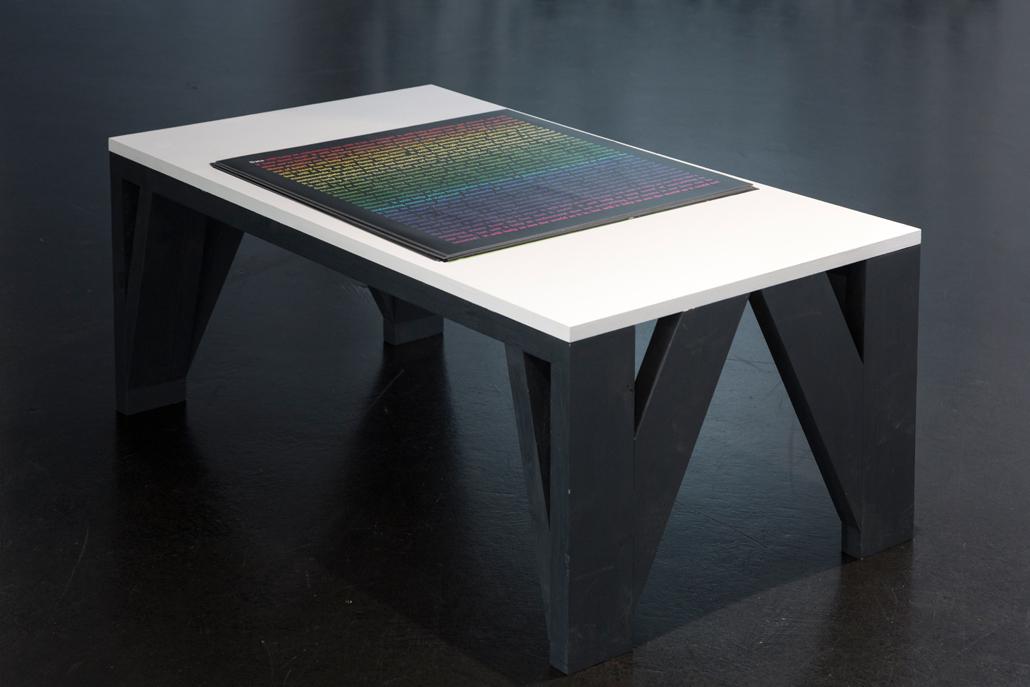 A table on which a black cardboard with colorful text lays