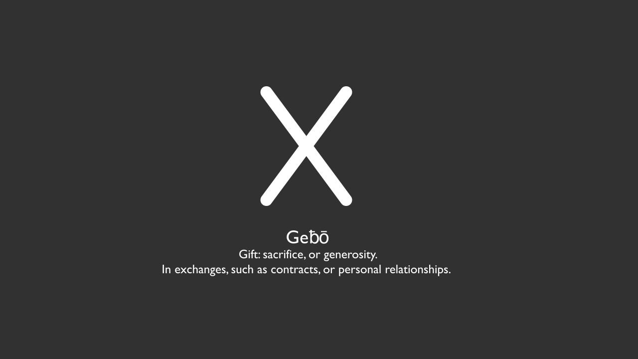 White cross on a dark gray background with the text: Gebo - Gift: sacrifice or generosity.