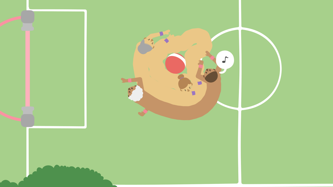 Zwei Spielfiguren kämpfen um einen Ball auf einem Fußballfeld