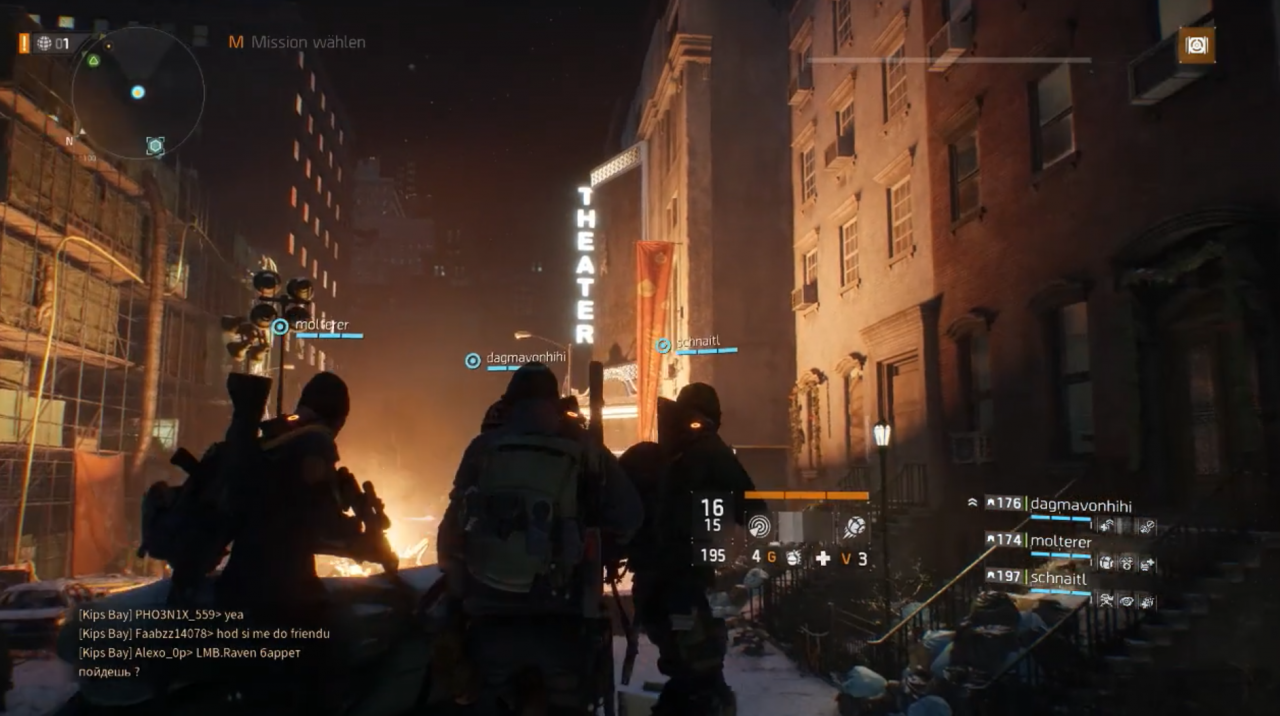 Armed avatars in first-person shooter »Tom Clancy's: The Division«  look at architecture in video game 