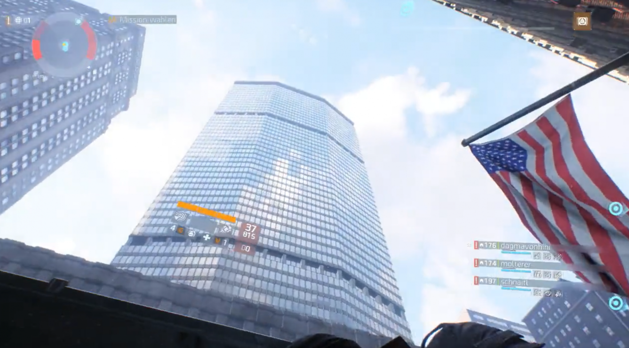 Armed avatars in first-person shooter »Tom Clancy's: The Division«  look at architecture in video game 