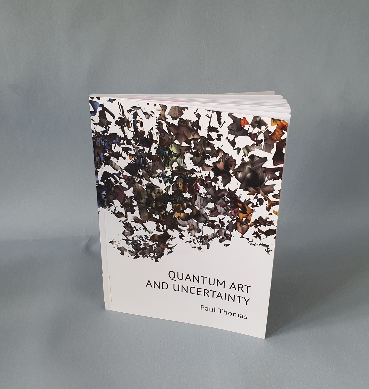 you can see the book »quantum art and uncertatinty« by paul thomas, standing, slightly open, against a blue-grey background.