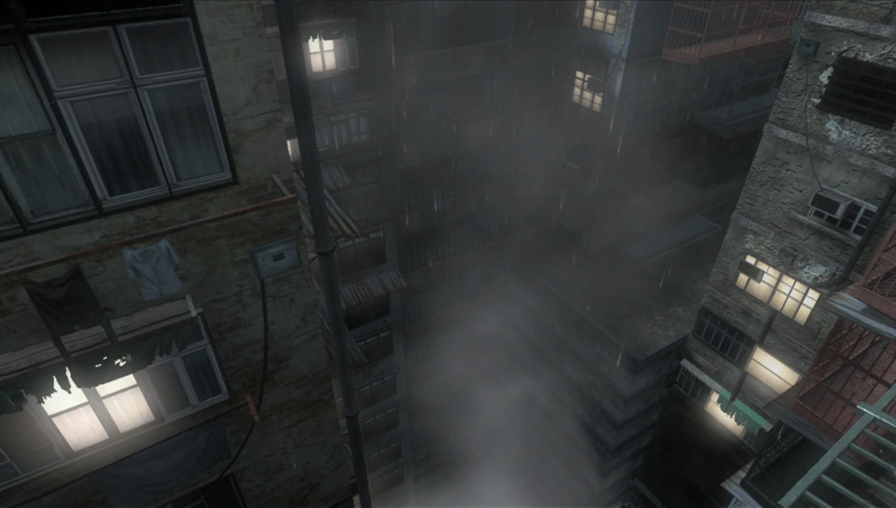 Computer generated rainy big city in the video game »Black Ops«.