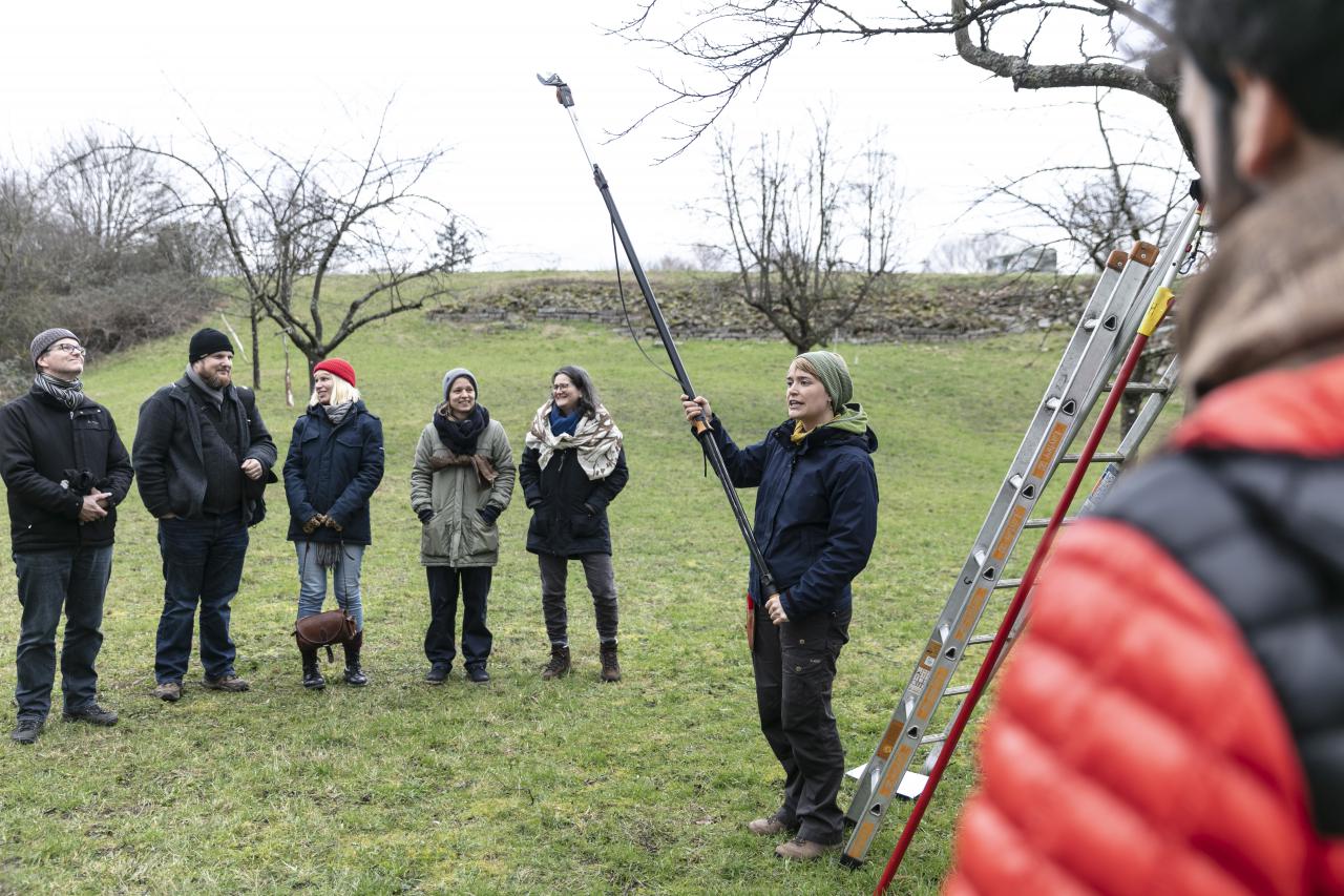 A group of people stand in a meadow and in the middle a woman holds a tree saw.