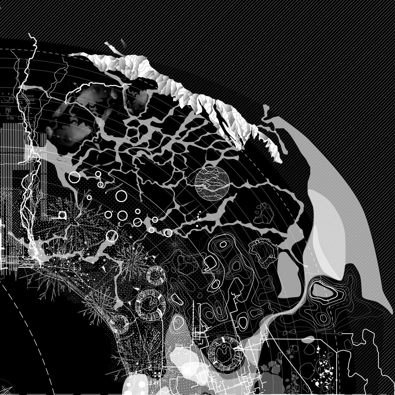 Abstrahierte Karte in schwarz-weiß zur Ausstellung »Critical Zones« von Bruno Latour