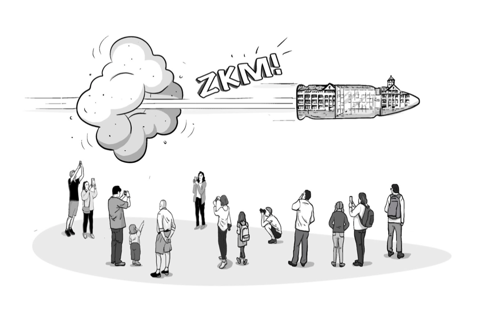 Die Zeichnung zeigt eine Wolke, aus der das ZKM in Form einer Patrone nach rechts wegschießt. Unten sind fotografierende Besucher zu sehen.