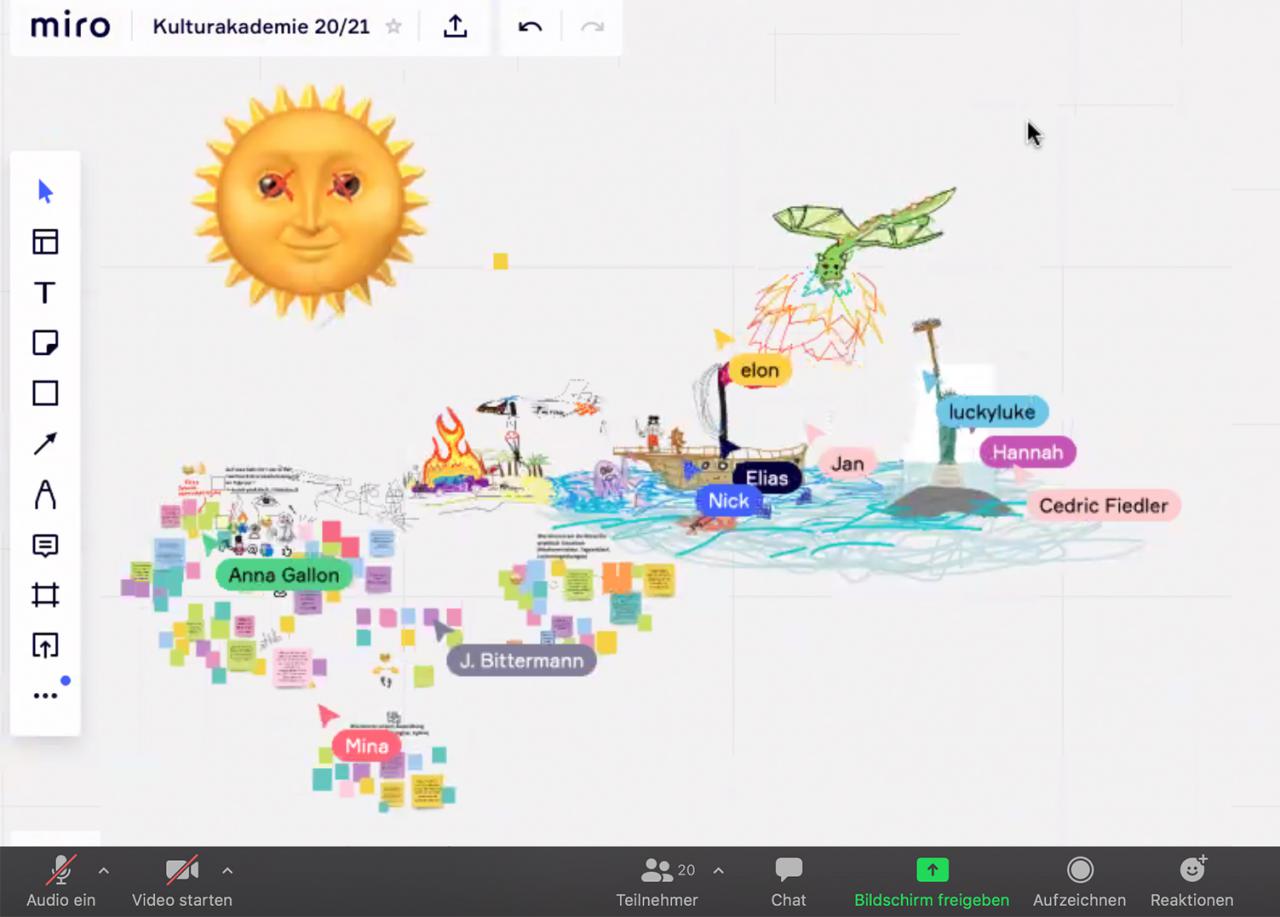 Screenshot eines Online-Kreativ-Workshops, bei dem mit Post-Its und bunten Zeichnungen Ideen gesammelt werden. Das Bild ist im Rahmen der Kulturakademie Baden-Württemberg 2020/21 entstanden.