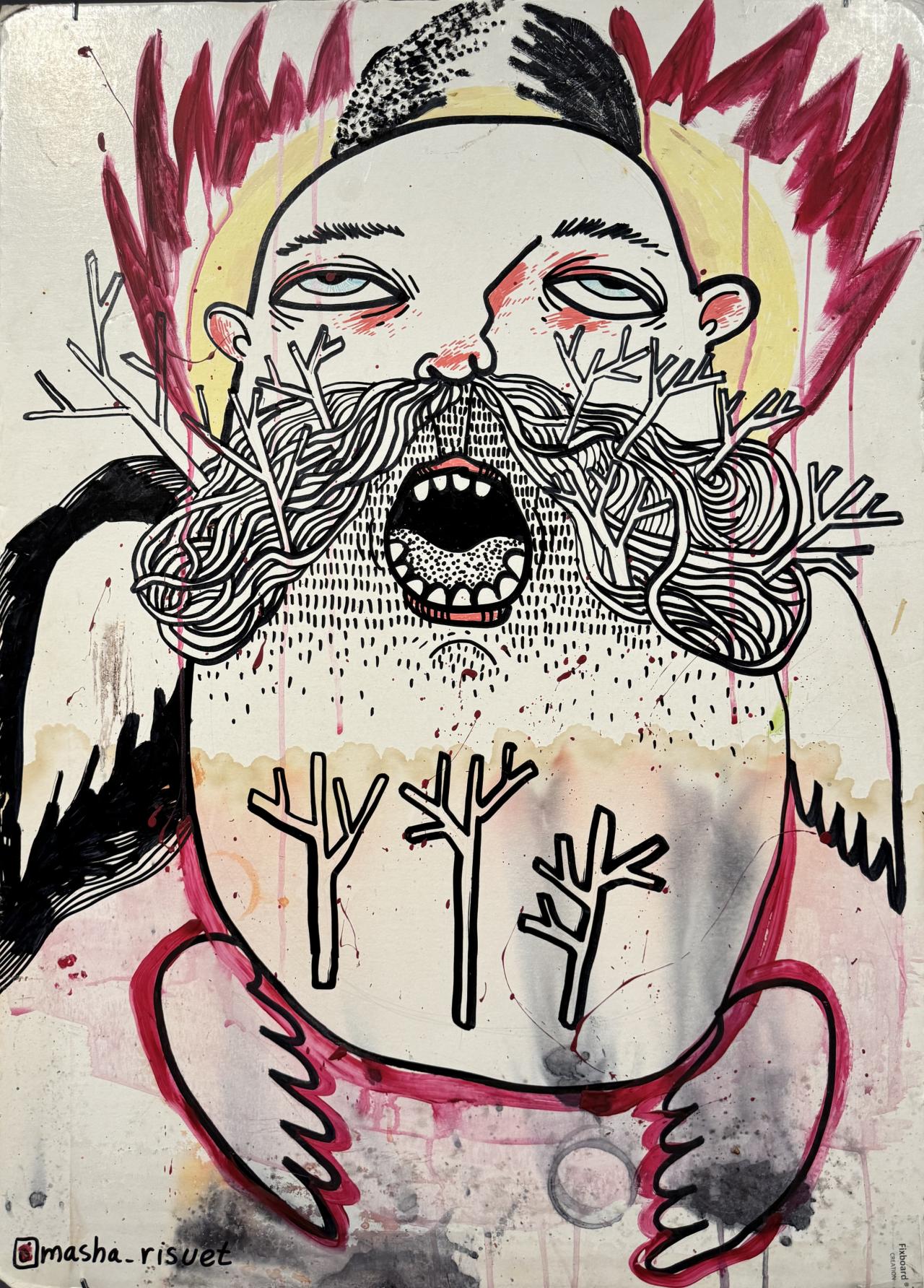 A face is depicted on a white background with an open mouth and a beard made up of branches. Wings representing arms and legs are painted around the abstract face.