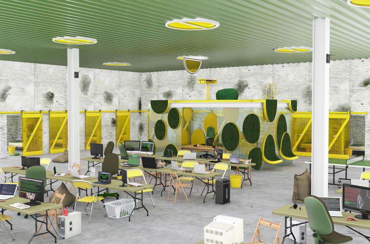 Graphical representation of a possible work area with green ceiling, yellow chairs and circular plastic grass surfaces on the walls