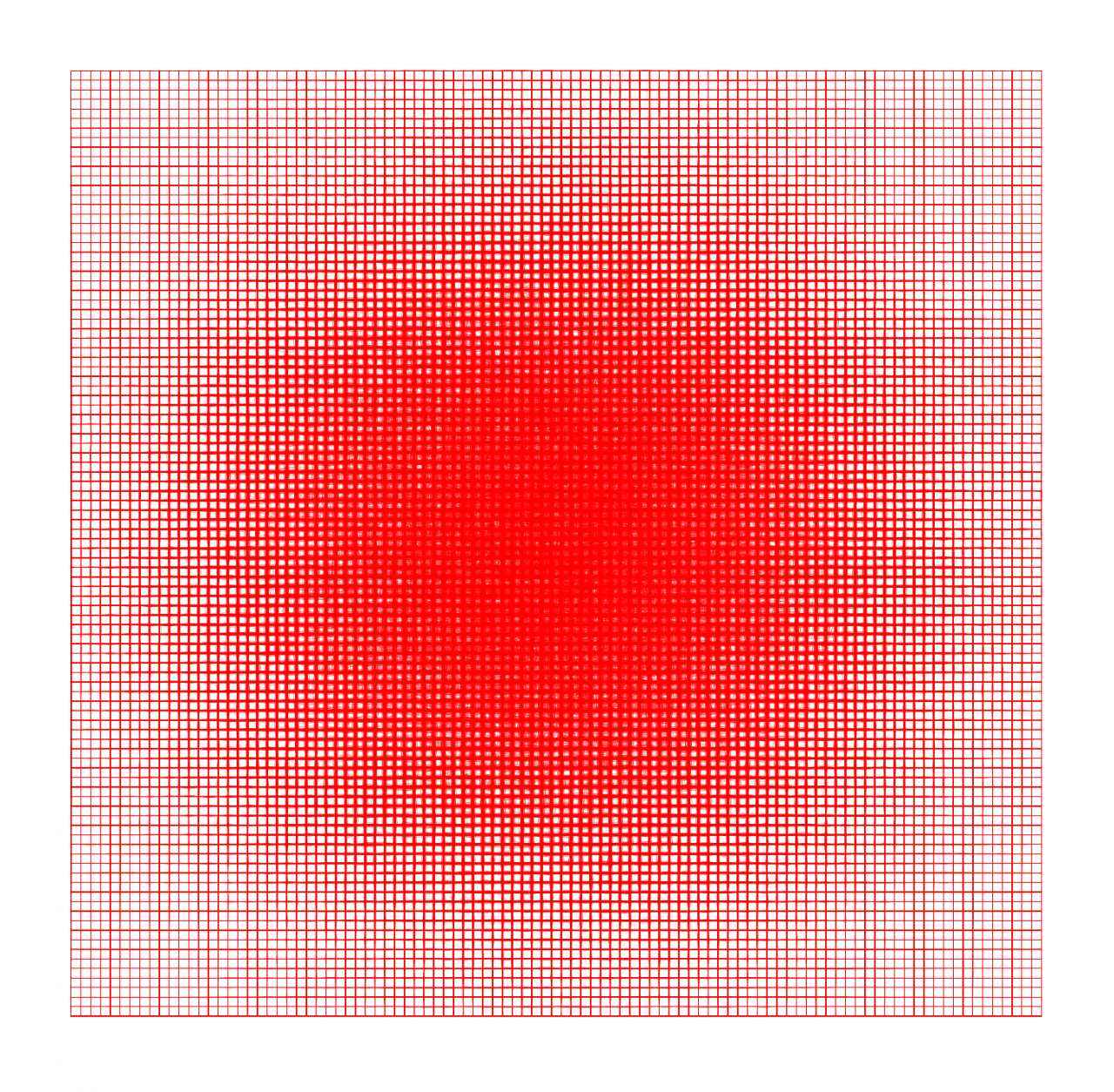 2D square of red grid lines condensing towards the centre in the shape of a circle