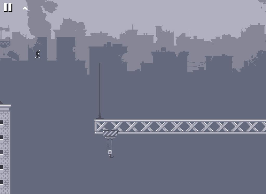 A character jumps from a highrise roof onto a crane