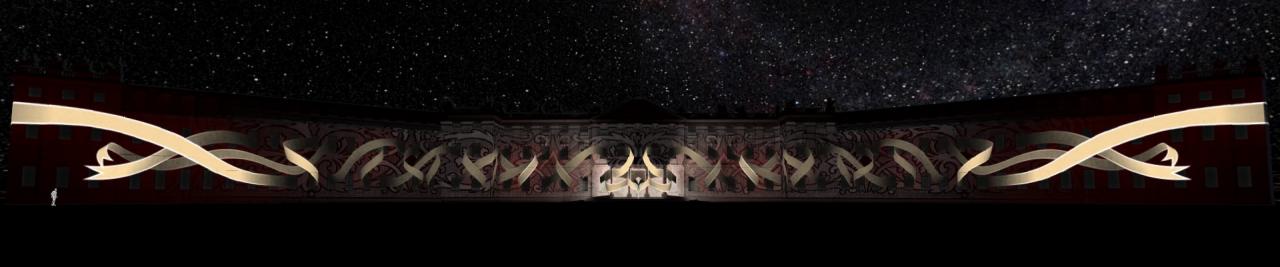 The illuminated Karlsruhe Castle can be seen in front of a sky full of stars. Projected are golden ribbons intertwined with each other