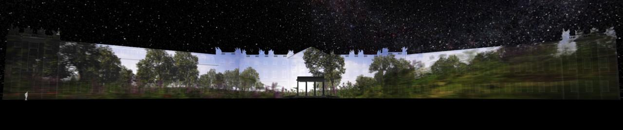 You can see the illuminated Karlsruhe Castle in front of a sky full of stars. Projected is a pavilion surrounded by trees with 4 columns
