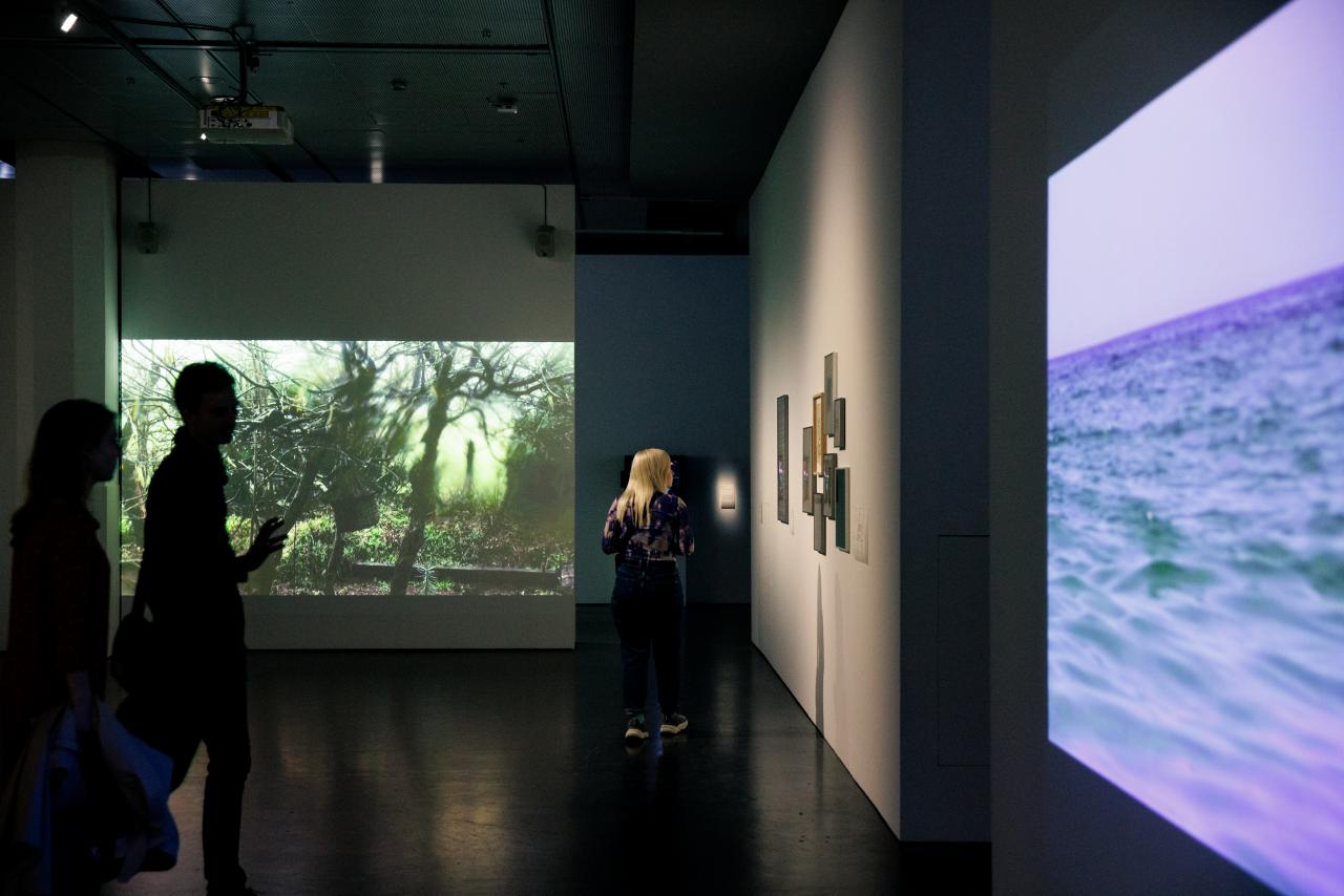 On view is the exhibition "Soun-Gui Kim: Lazy Clouds" at the ZKM. In the back are shots of nature, on the right you can see shots of a sea.