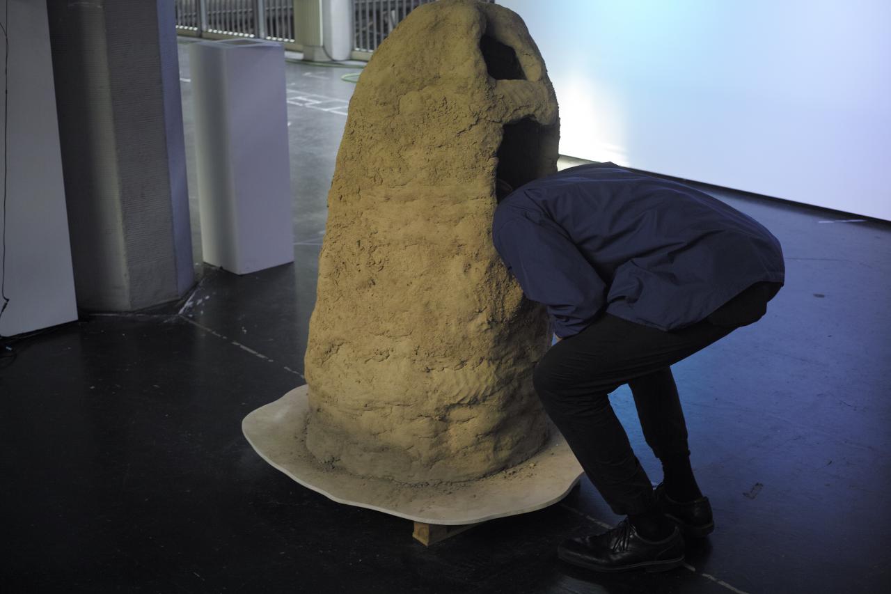 Diese Skulptur ist aus Lehm gefertigt (und von Lukas Marstaller und Oliver Boulam gebaut) und sieht einem Termitenhügel ein wenig ähnlich. Sie hat zwei Öffnungen, gerade groß genug, um den Kopf hineinstecken zu können.