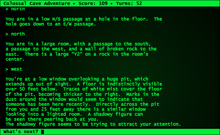 Screen capture of the 1977 text adventure »Colossal Cave Adventure« by Will Crowther and later Don Woods. 