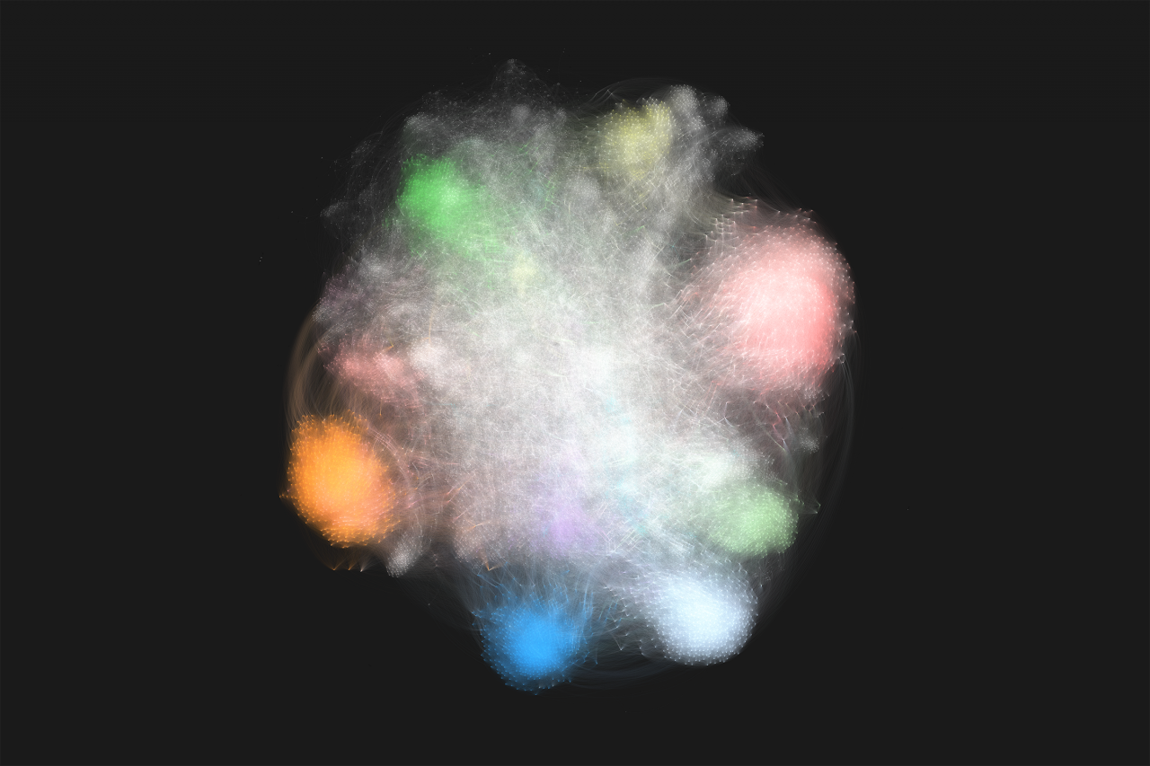 Netzwerkdarstellung, die aussieht wie ein leuchtender Nebel, weiß in der Mitte mit farbigen runden flecken am Rand