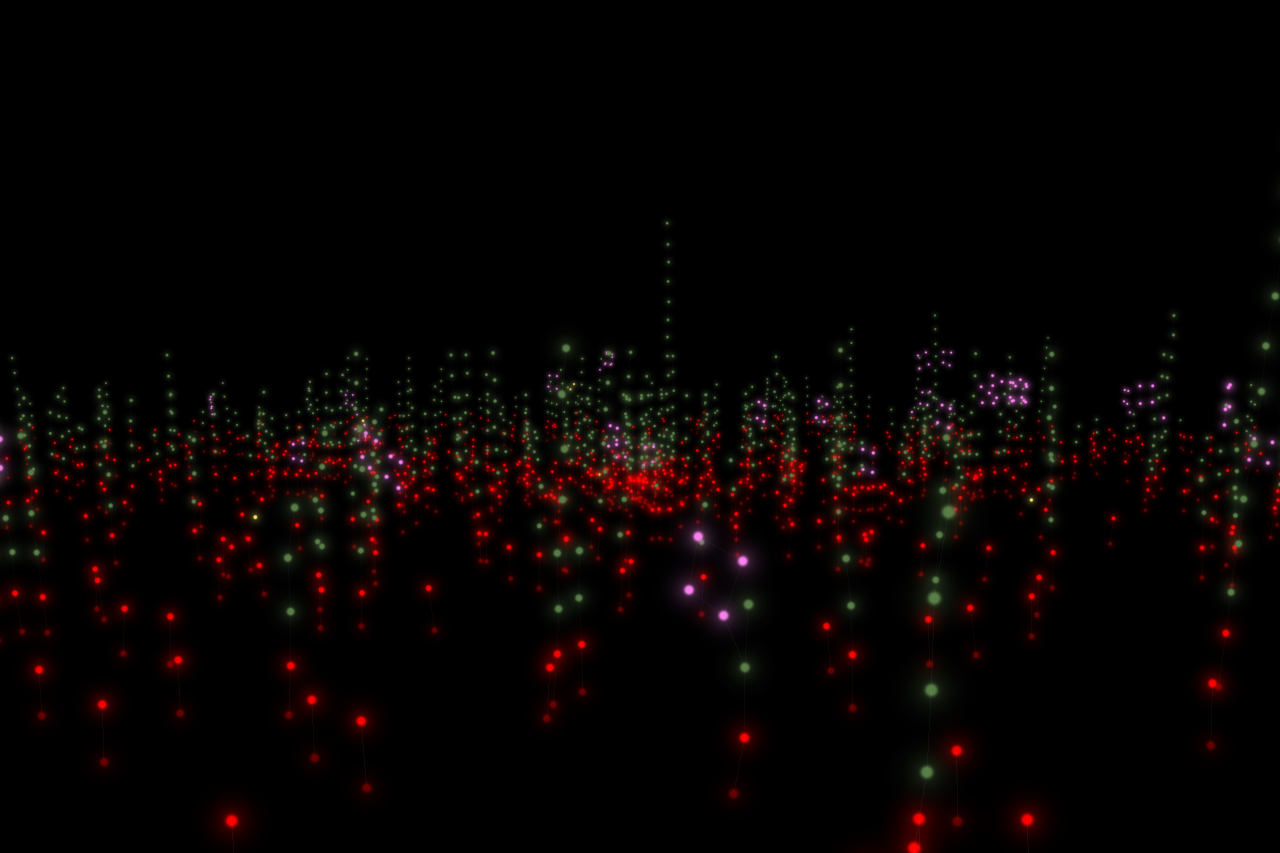 Field of columns of green, red and violet light dots