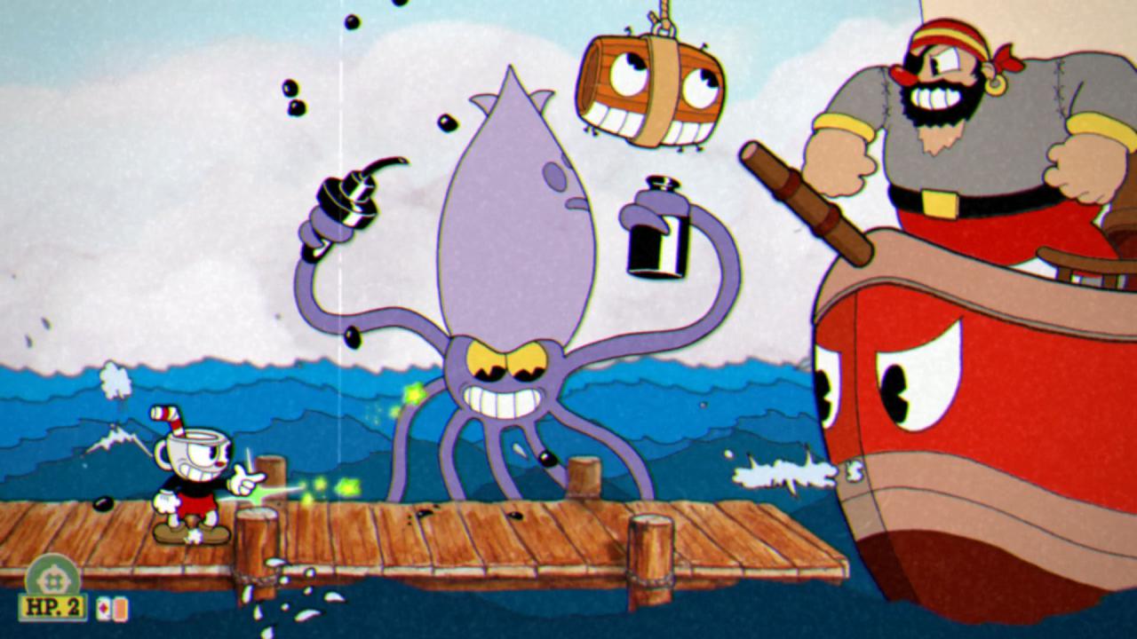Gezeichnete Computerspiel-Szene einesr Kampfszene mit einem Piraten auf einem Boot