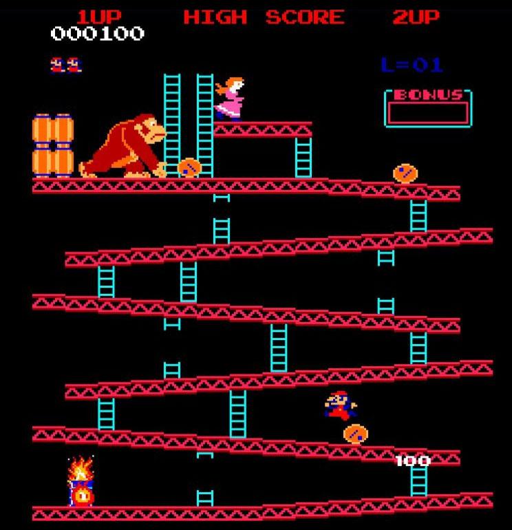 Donkey Kong lässt Fässer mehrere Stockwerke hinunterrollen. Jumpman springt über die Fässer.
