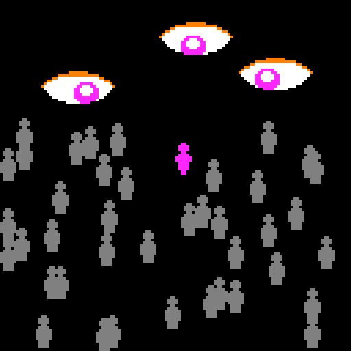 Eine Grafik zeigt eine Menge graue Figuren und eine pinke Figur, darüber stehen drei Augen