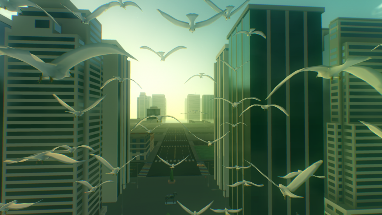 Screenshot aus Everything. Ein Vogelschwarm fliegt zwischen Wolkenkratzern
