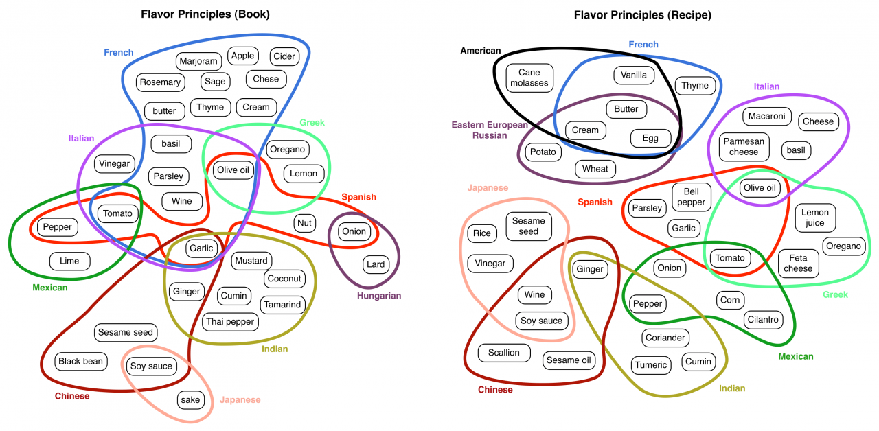 Zwei Grafiken mit dem Titel »Flavor Principles« zeigen mit bunten Kreisen die häufigsten Kombinationen verschiedener Zutaten