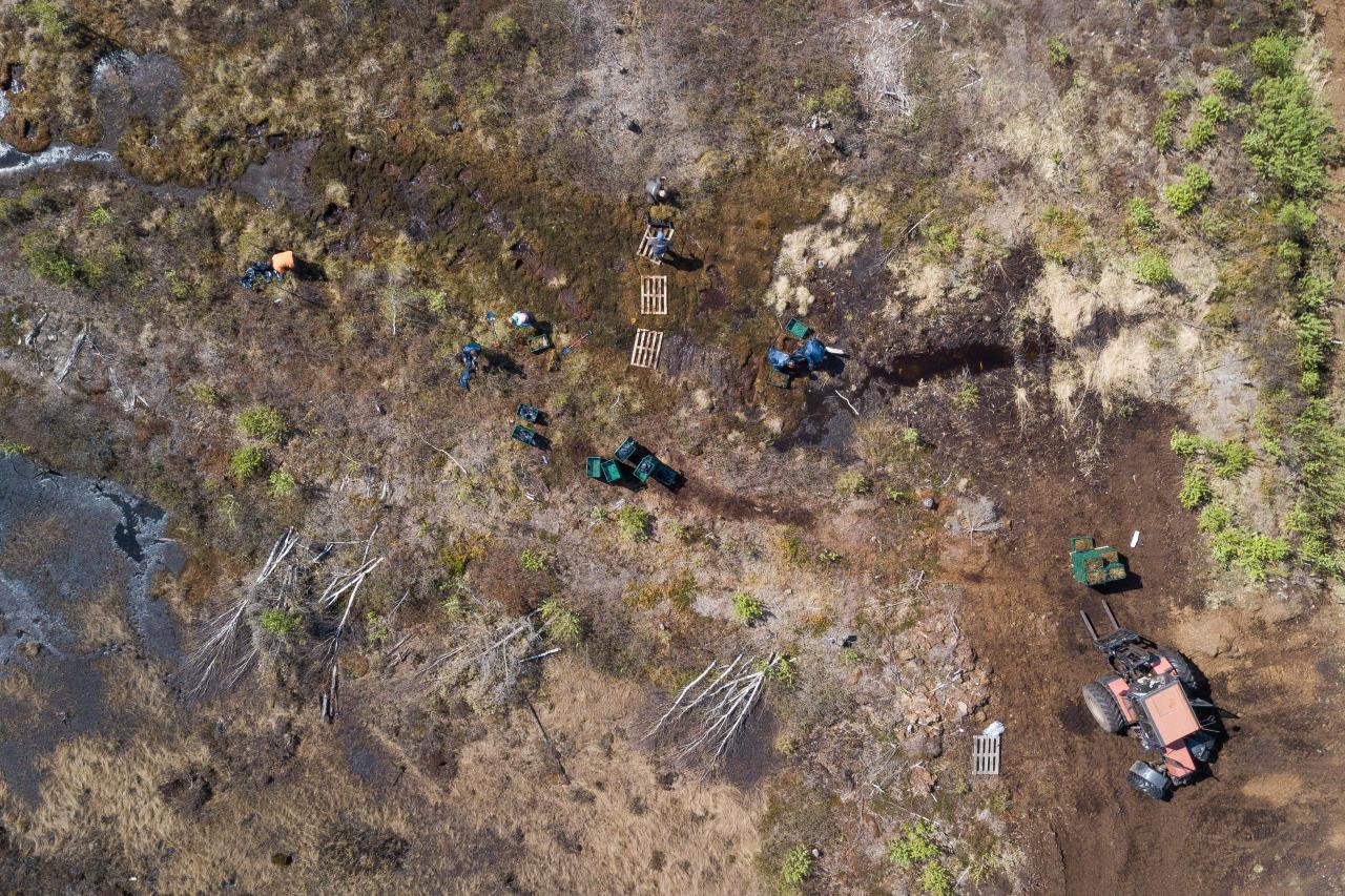 A drones shot from above, looking at a swamp landscape. People work on it with garbage bags, excavators and pallets.