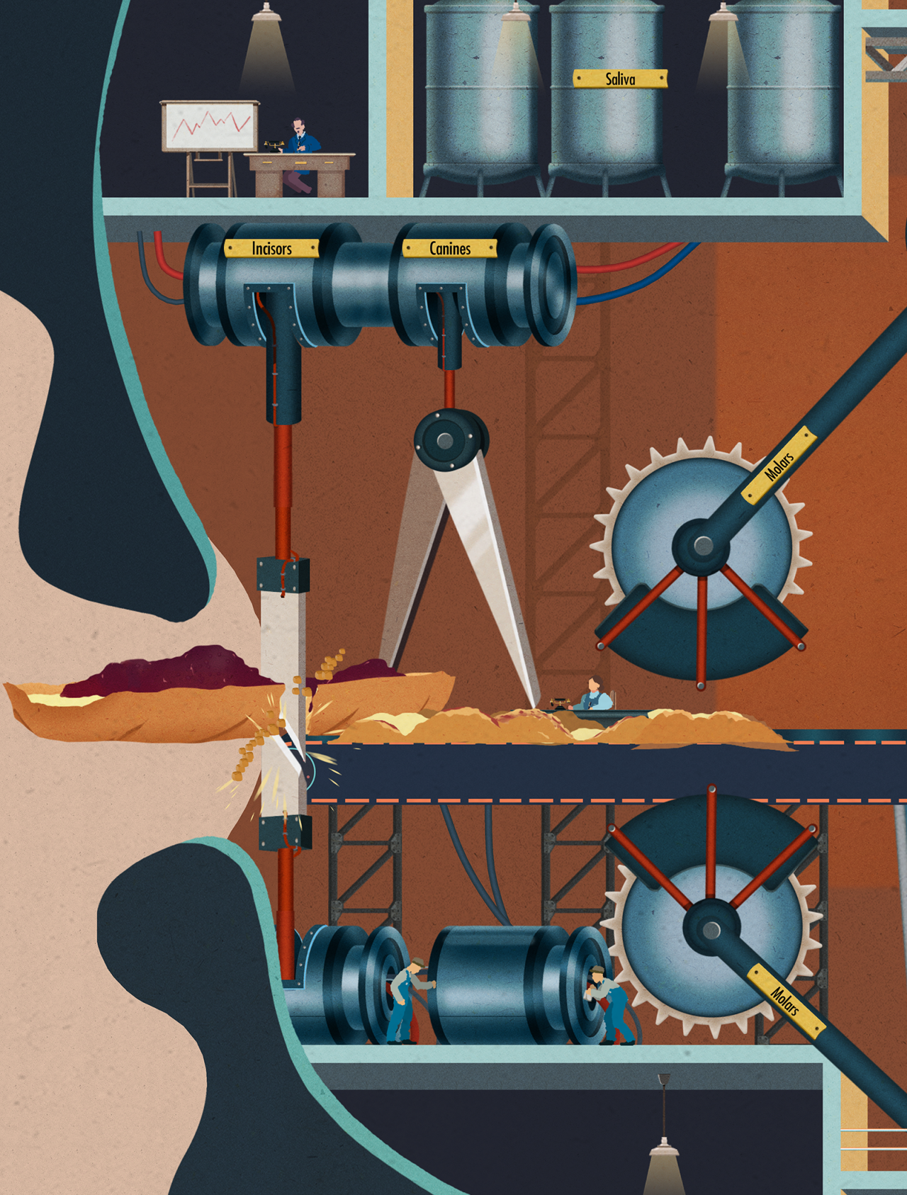 Illustration vom Innern eines Kopfes mit kleinen Maschinen und Arbeitern