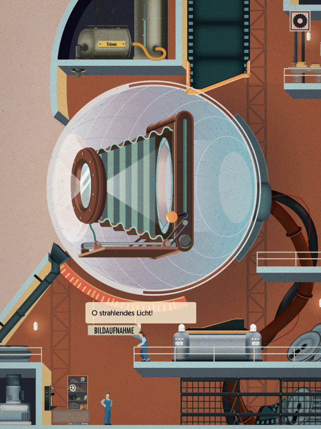 Illustration vom Innern eines Auges mit kleinen Maschinen und Arbeitern