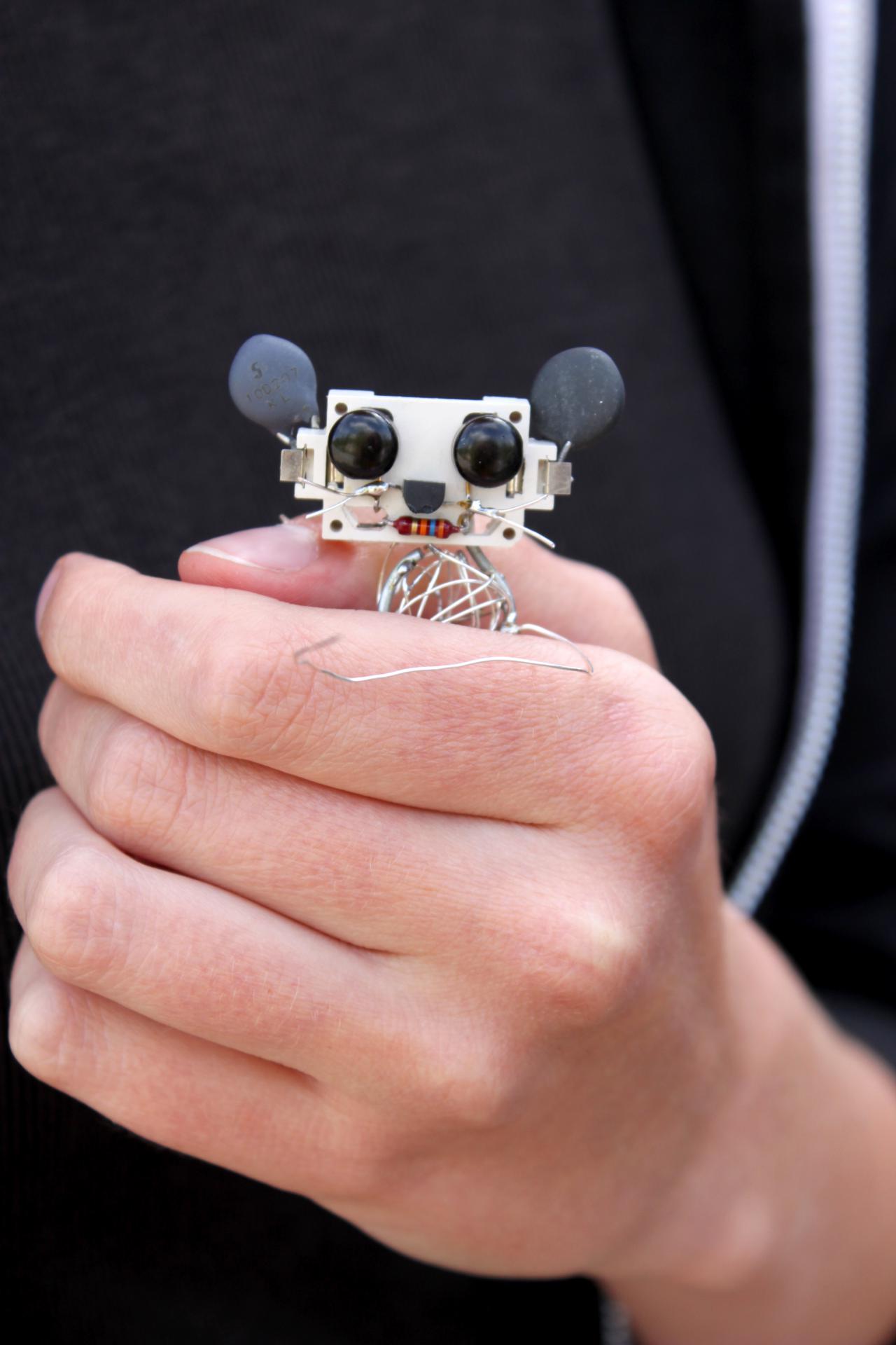 One hand holds a mouse made of electrical components at an event of the cultural academy.