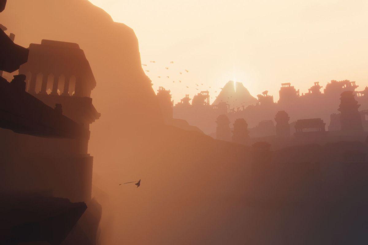 Eine Spielfigur fällt einen Abgrund hinunter. Im Hintergrund befinden sich Ruinen im rötlichen Sonnenlicht.