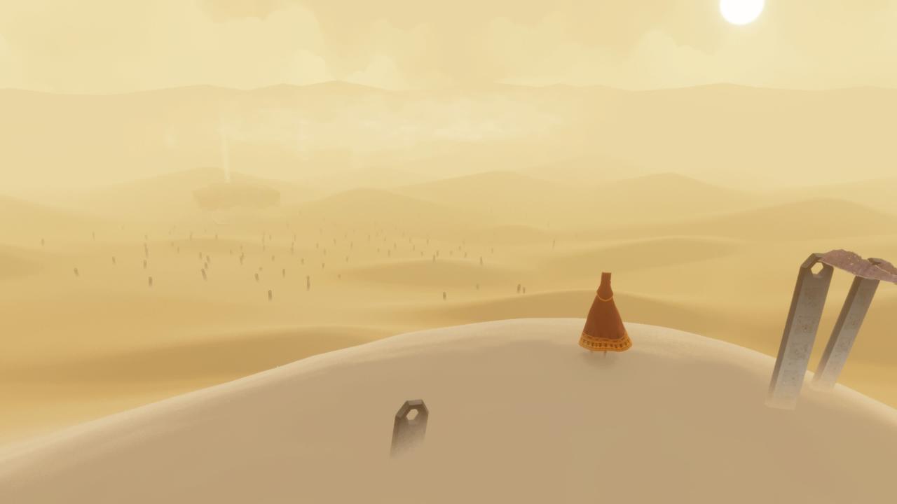 Die Spielfigur blickt von Sanddünen auf die Wüste mit Gräbern einer lang vergangenen Kultur.