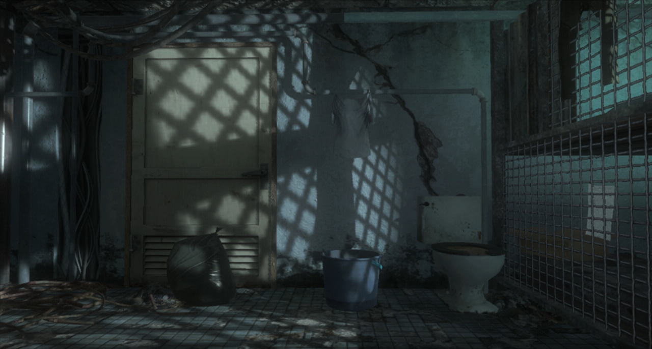 Computergenerierter Innenraum eines heruntergekommenen Badezimmers im Videospiel »Black Ops«