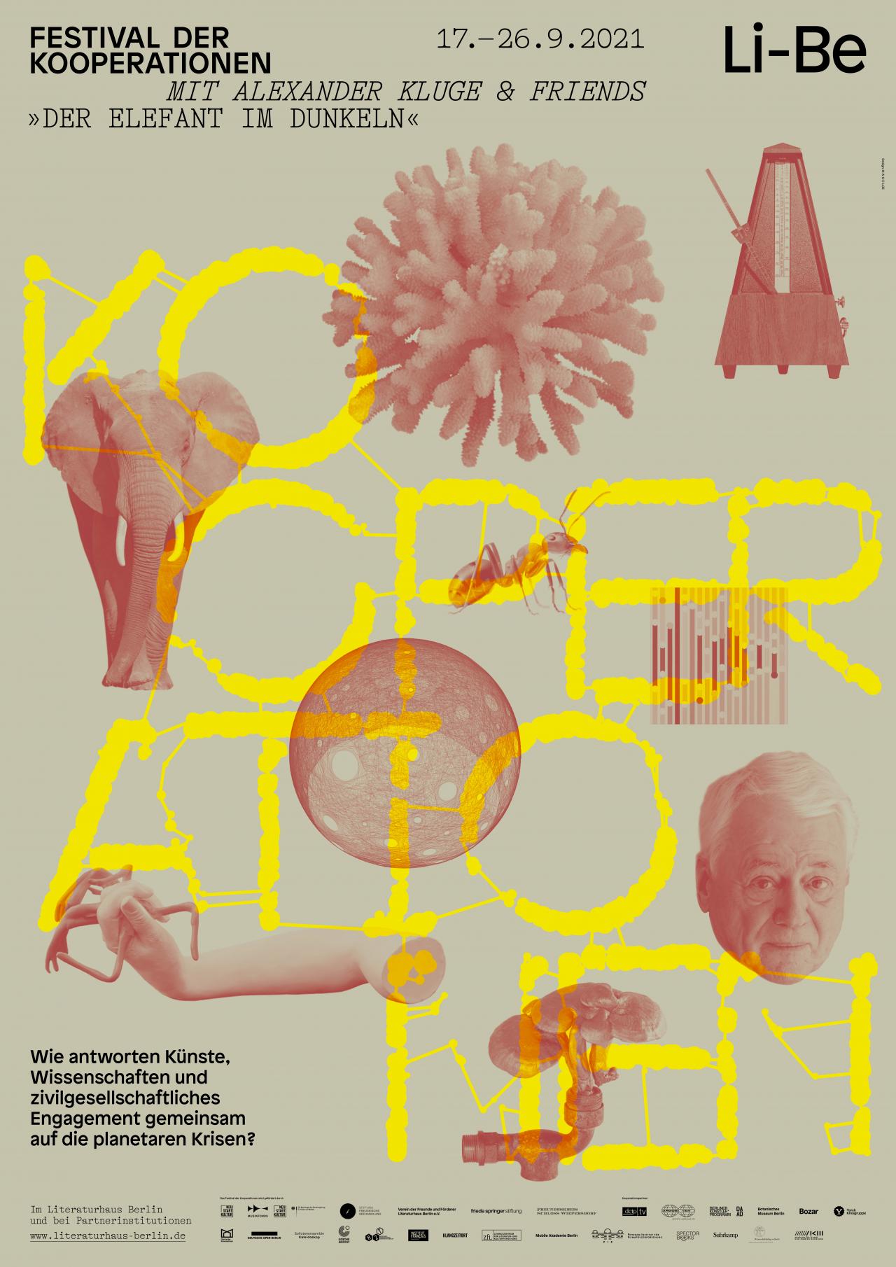 One poster shows an elephant from the front, a coral, an ant, a man's head, a tube from which a mushroom or a cloud is drawn. It is written in between: "Kooperationen". Top left: "Festival der Kooperationen"