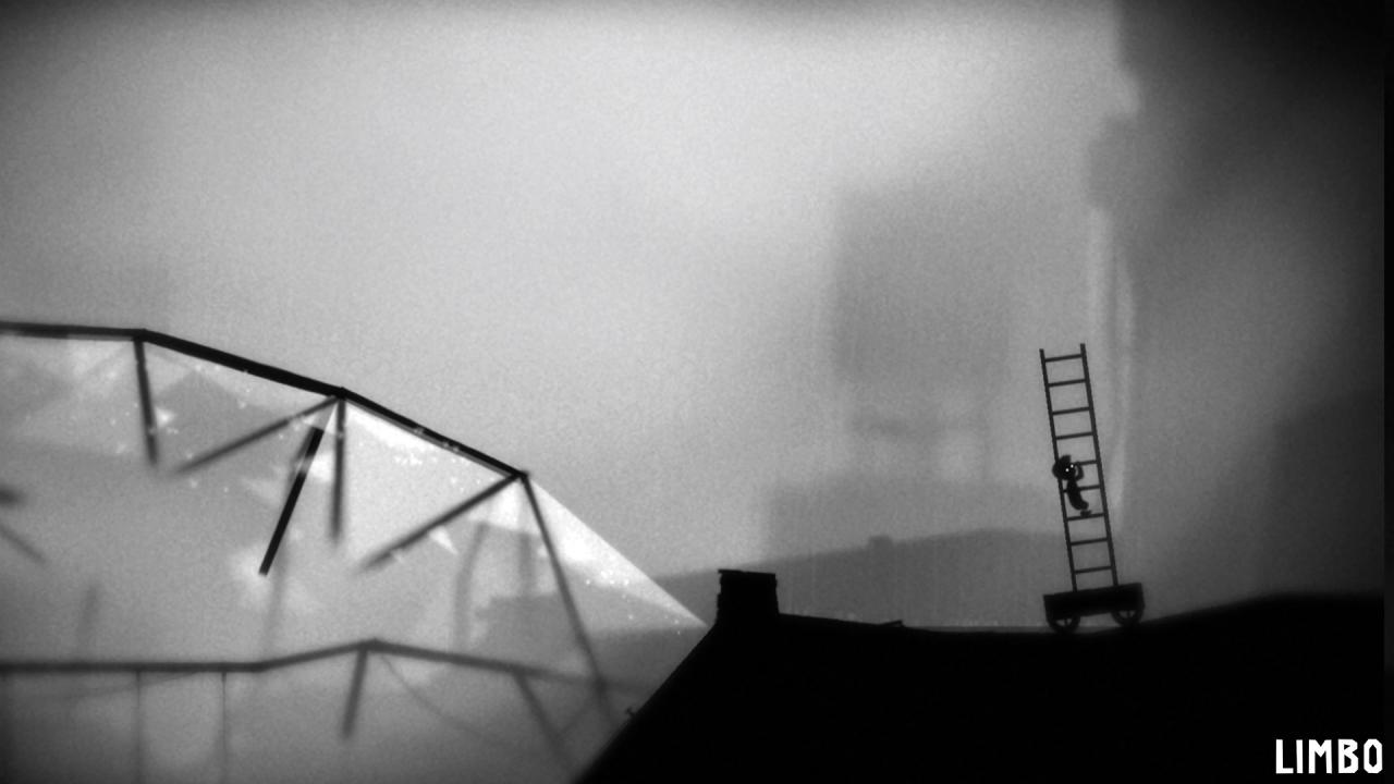 In einer schwarzweißen Landschaft klettert eine kleine Figur mit Mütze auf dem Kopf eine Leiter hoch