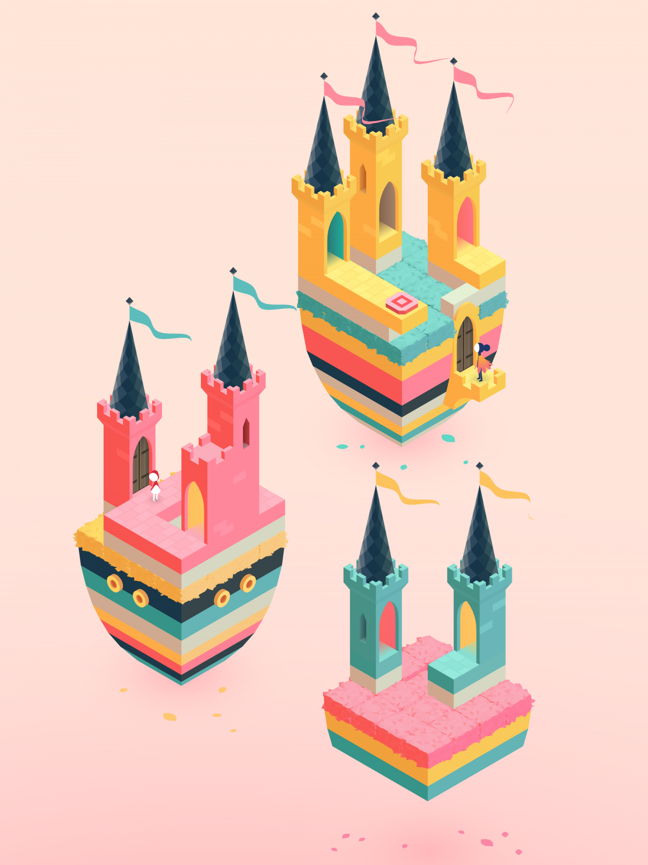 Representation of floating castles against a rosy background