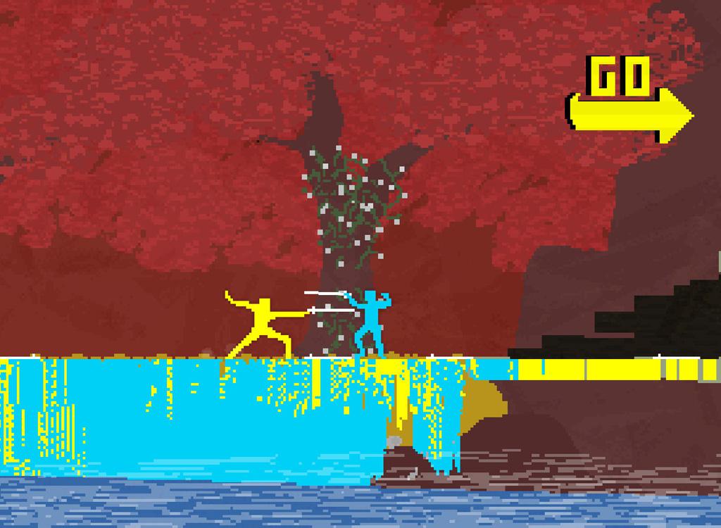 two characters made out of yellow and turquoise pixels are fighting each other with swords