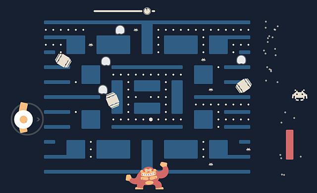 Ein Pac Man Labyrinth mit Space Invaders und Pong Spielfiguren