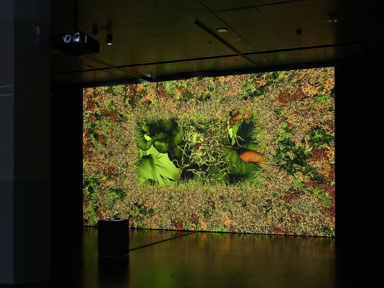 You can see the exhibition view of the work "Phototropy". A large canvas on which plants are shown in different shades of green.