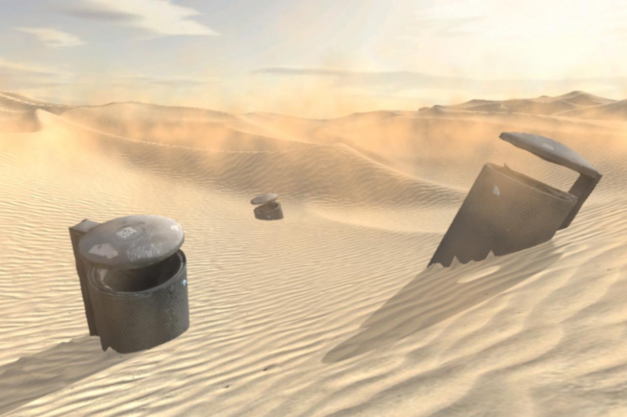 Visualization of a desert with garbage cans